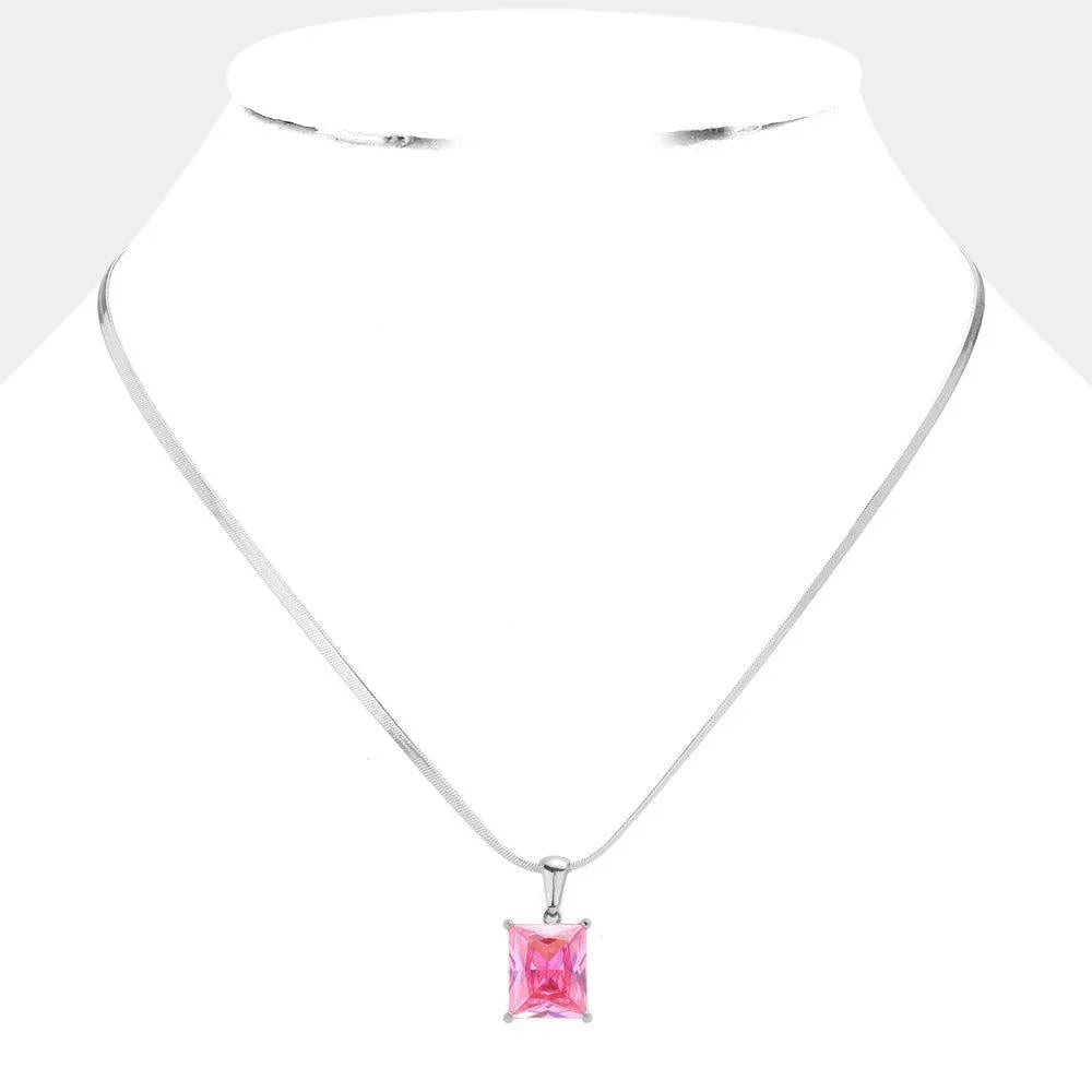 Pink Stainless Steel CZ Rectangle Pendant Necklace - Jewelry Store by Erik Rayo