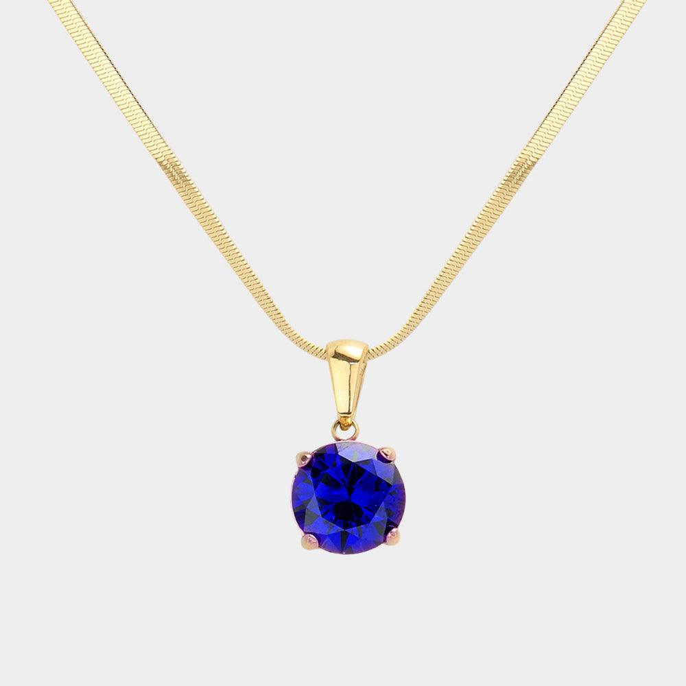 Blue 18K Gold Dipped Stainless Steel CZ Round Pendant Necklace