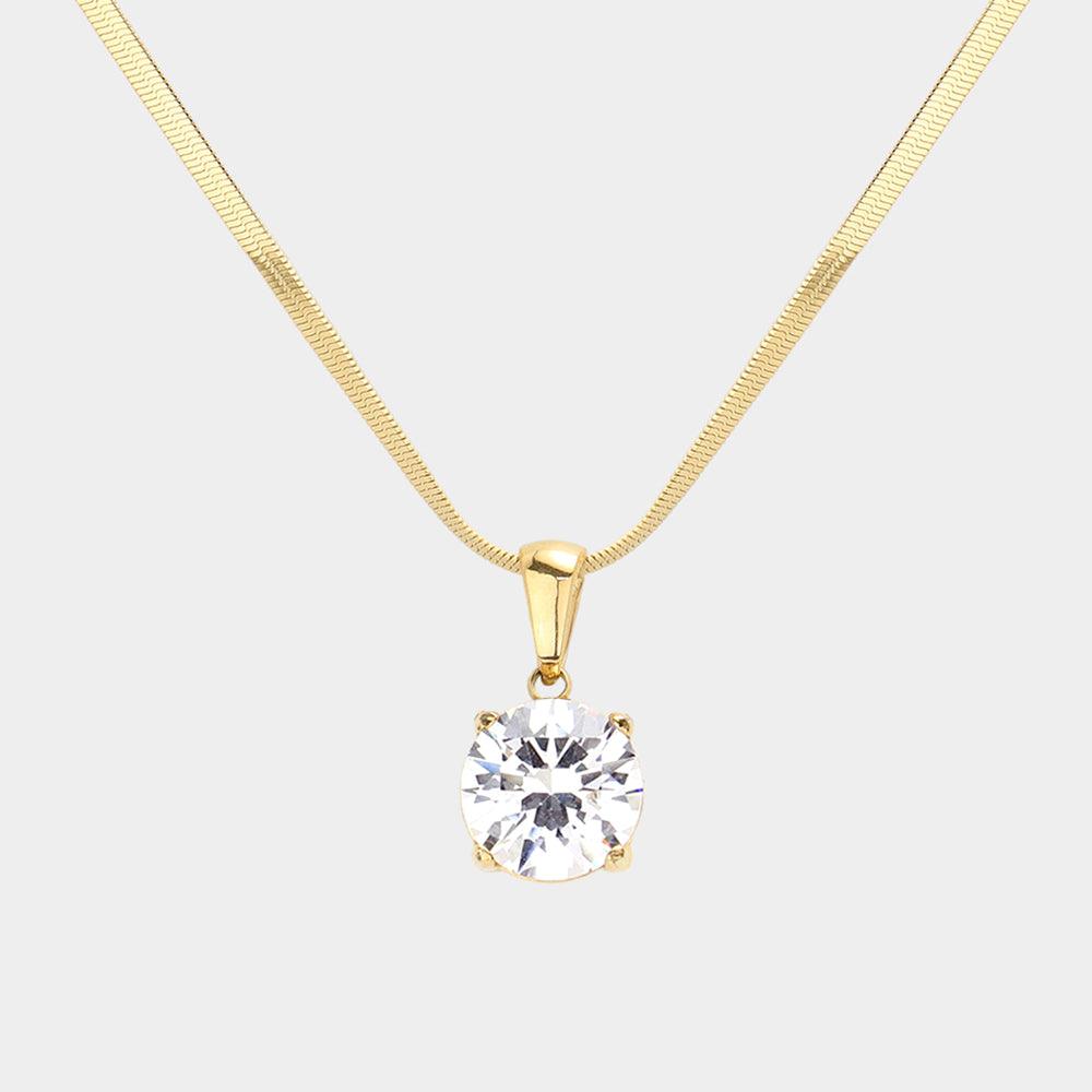 Gold 18K Gold Dipped Stainless Steel CZ Round Pendant Necklace