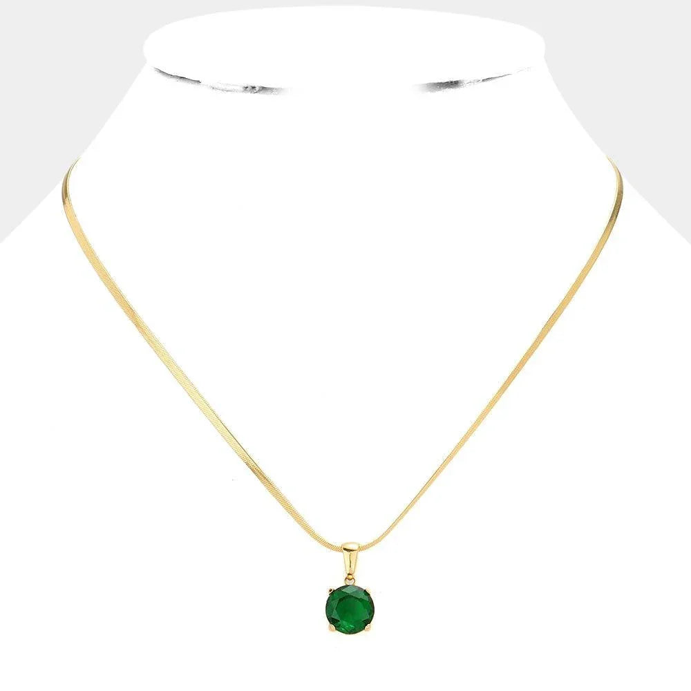 Green 18K Gold Dipped Stainless Steel CZ Round Pendant Necklace - Jewelry Store by Erik Rayo