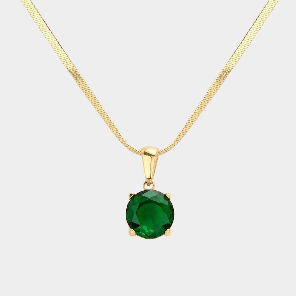 Green 18K Gold Dipped Stainless Steel CZ Round Pendant Necklace - Jewelry Store by Erik Rayo