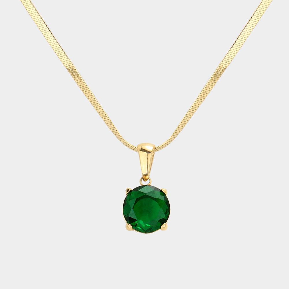 Green 18K Gold Dipped Stainless Steel CZ Round Pendant Necklace