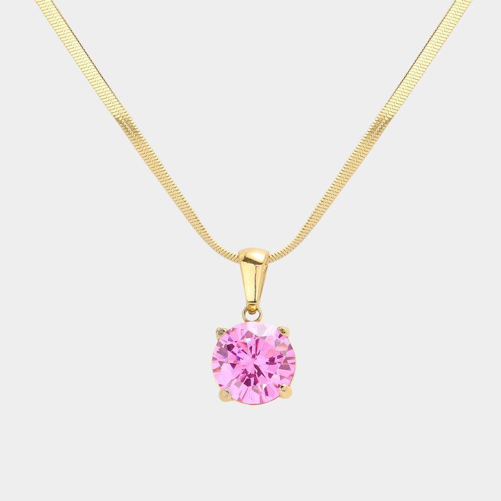 Pink 18K Gold Dipped Stainless Steel CZ Round Pendant Necklace - Jewelry Store by Erik Rayo