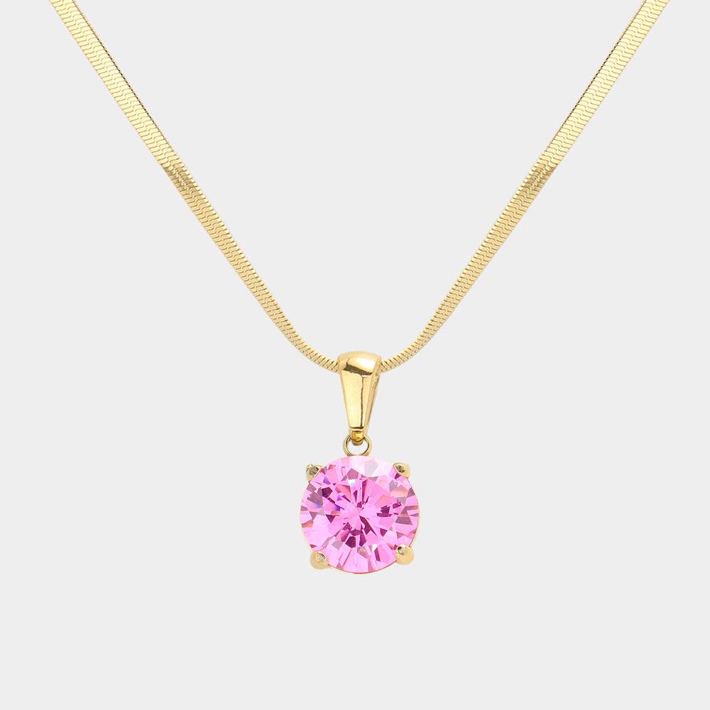 Pink 18K Gold Dipped Stainless Steel CZ Round Pendant Necklace