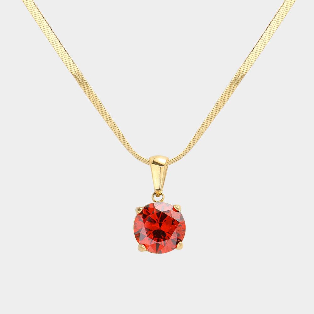 Red 18K Gold Dipped Stainless Steel CZ Round Pendant Necklace