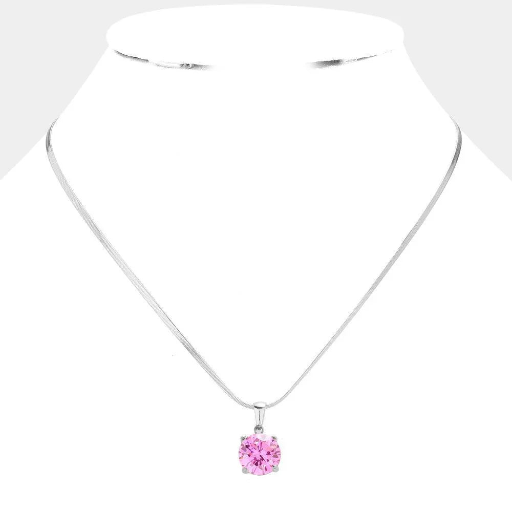 Pink Stainless Steel CZ Round Pendant Necklace - Jewelry Store by Erik Rayo