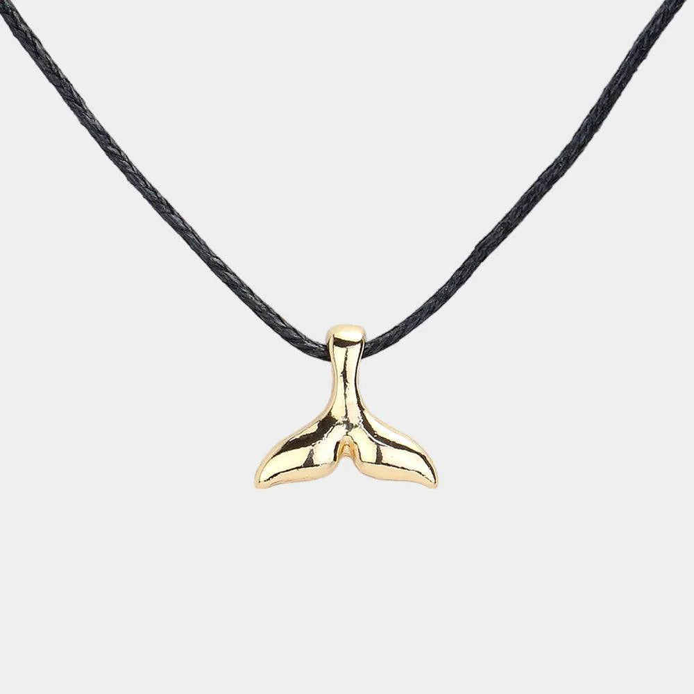 Black Metal Whale Tail Pendant Raffia Thread Necklace - Jewelry Store by Erik Rayo