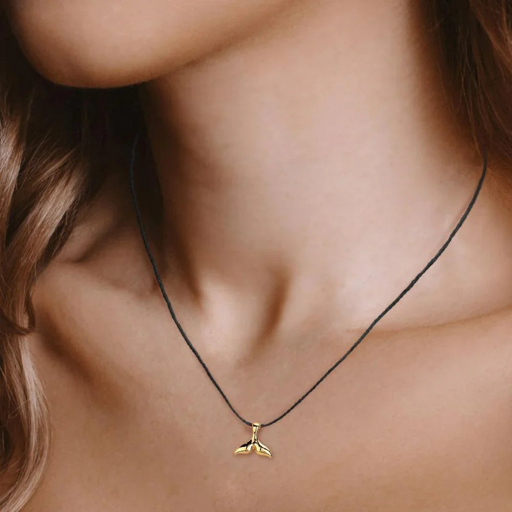 Black Metal Whale Tail Pendant Raffia Thread Necklace - Jewelry Store by Erik Rayo