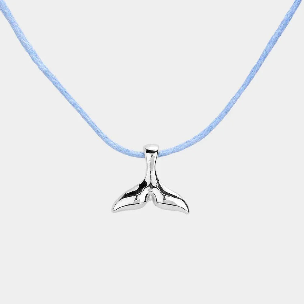 Blue Metal Whale Tail Pendant Raffia Thread Necklace - Jewelry Store by Erik Rayo