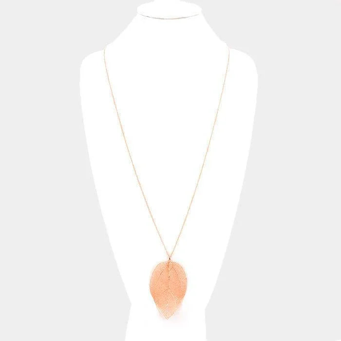 Rose Gold Natural Dipped Filigree Leaf Pendant Long Necklace - Jewelry Store by Erik Rayo