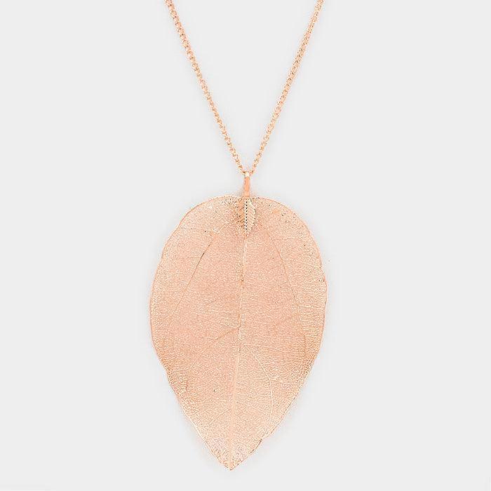 Rose Gold Natural Dipped Filigree Leaf Pendant Long Necklace - Jewelry Store by Erik Rayo