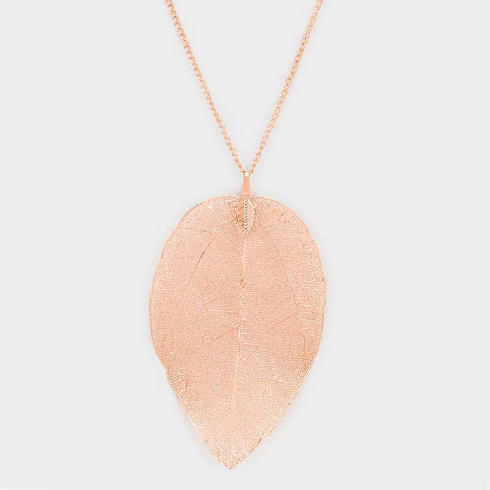 Rose Gold Natural Dipped Filigree Leaf Pendant Long Necklace