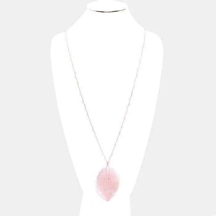 Rose Gold Natural Dipped Filigree Leaf Pendant Long Necklace - Jewelry Store by Erik Rayo