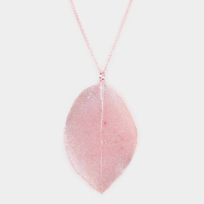 Rose Gold Natural Dipped Filigree Leaf Pendant Long Necklace - Jewelry Store by Erik Rayo