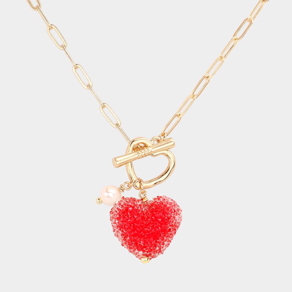 Red Heart Pearl Pendant Toggle Necklace