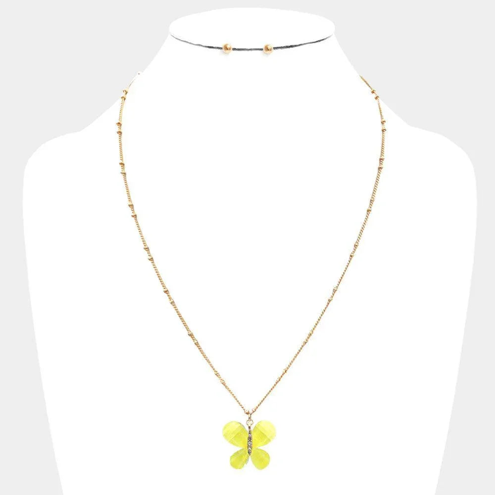 Yellow Glittered Resin Butterfly Pendant Necklace - Jewelry Store by Erik Rayo