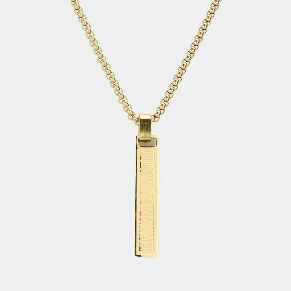 Gold Roman Numeral Accented Metal Bar Pendant Necklace - Jewelry Store by Erik Rayo