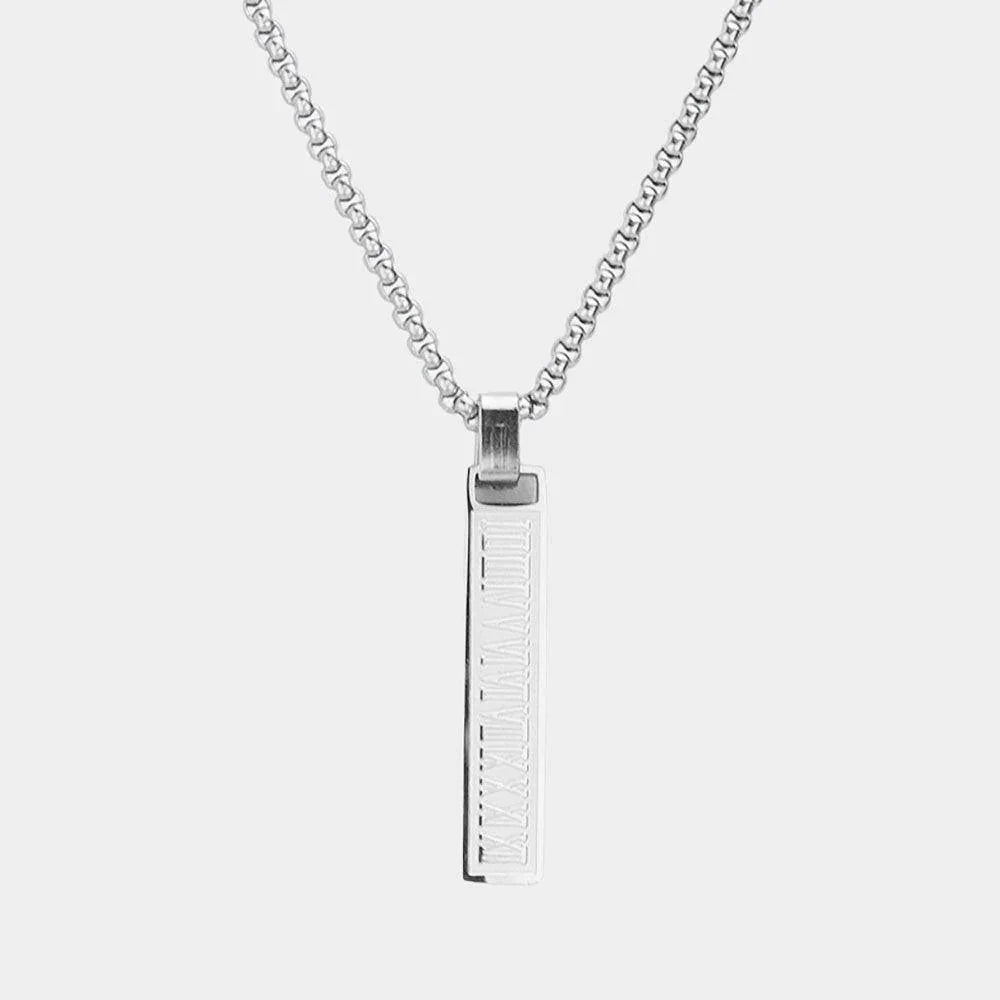 Silver Roman Numeral Accented Metal Bar Pendant Necklace - Jewelry Store by Erik Rayo