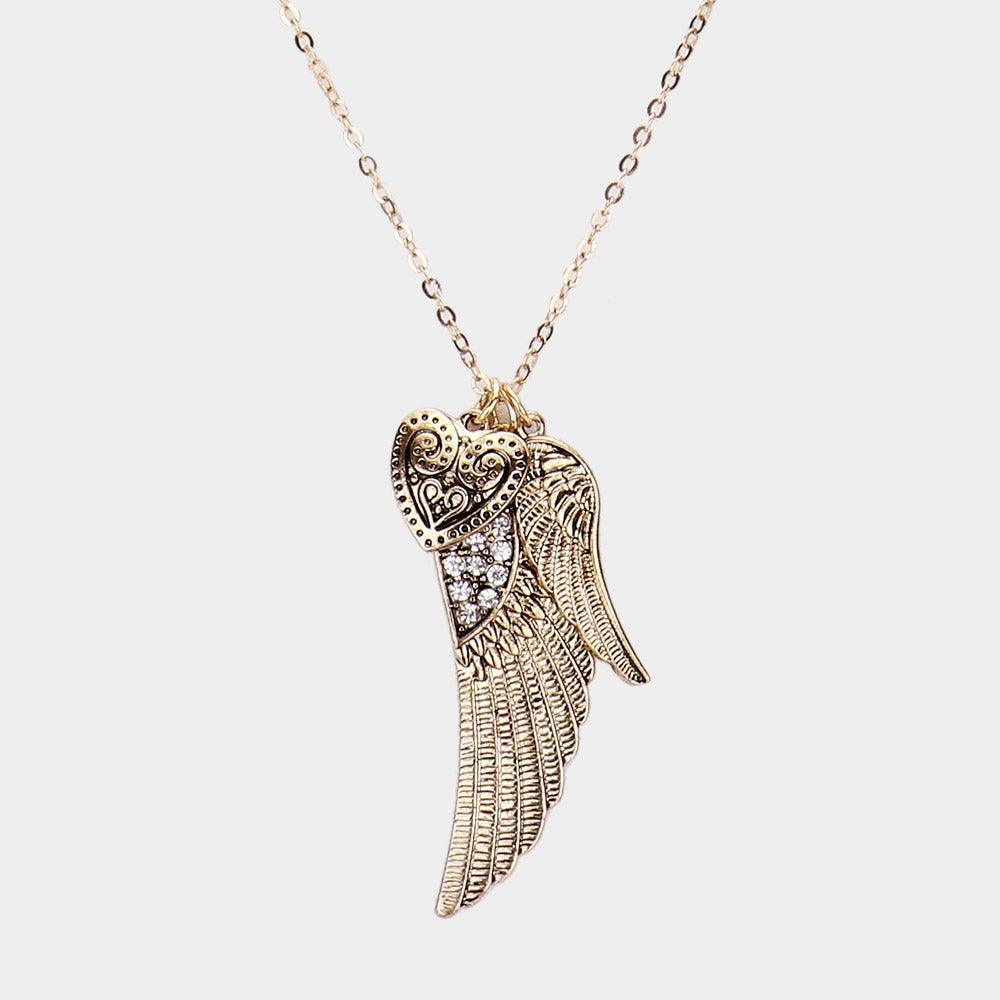 Gold Rhinestone Embellished Antique Metal Wings Heart Pendant Necklace - Jewelry Store by Erik Rayo