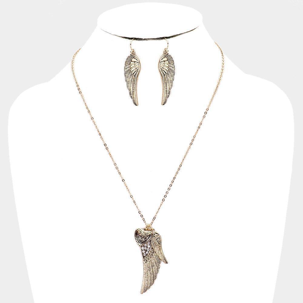 Gold Rhinestone Embellished Antique Metal Wings Heart Pendant Necklace - Jewelry Store by Erik Rayo