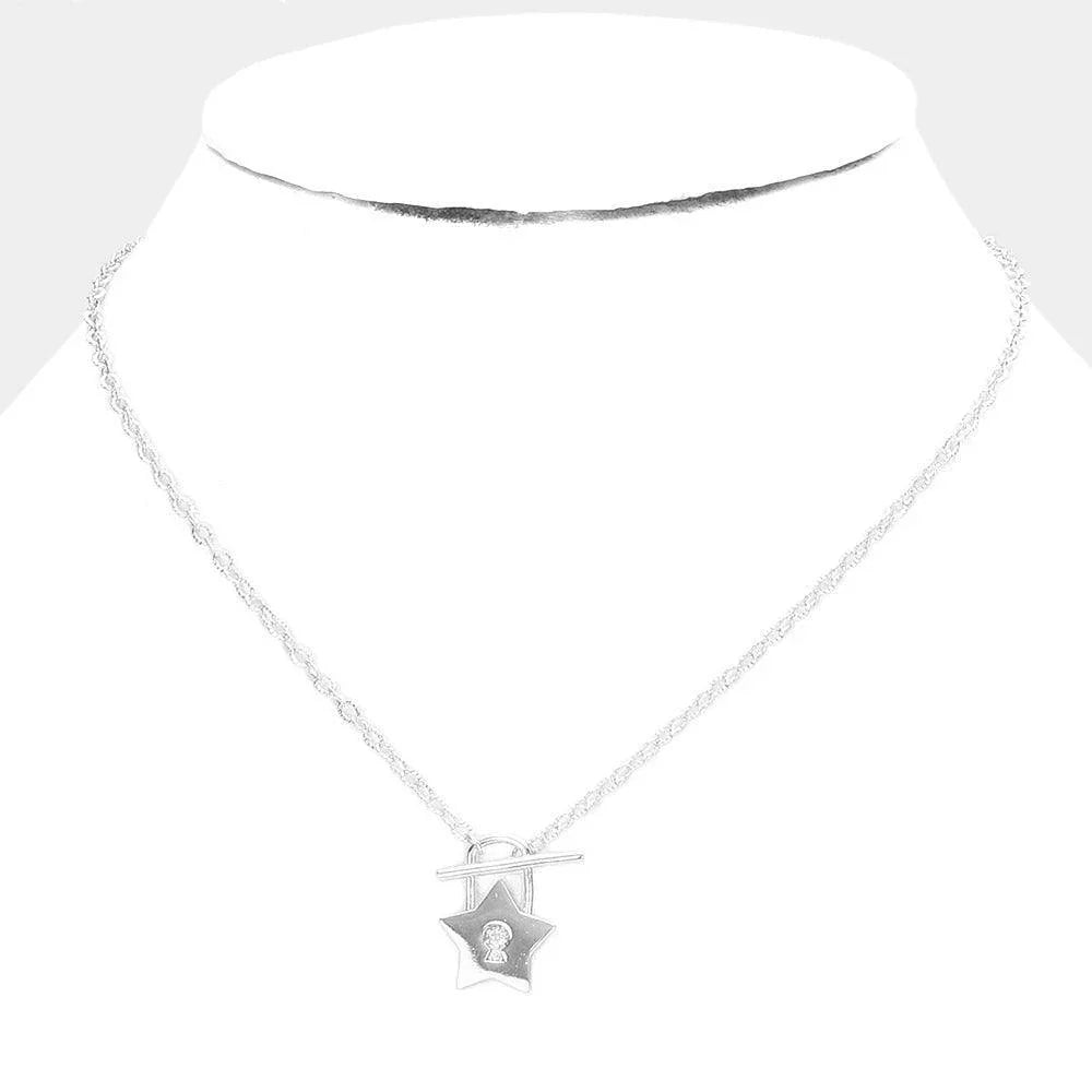 Stone Center Brass Metal Star Lock Pendant Toggle Necklace - Jewelry Store by Erik Rayo