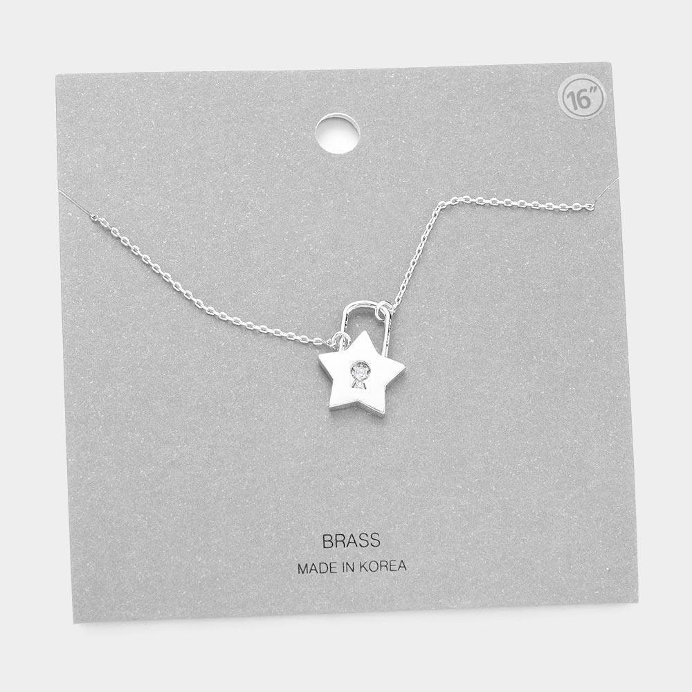 Stone Center Brass Metal Star Lock Pendant Necklace - Jewelry Store by Erik Rayo