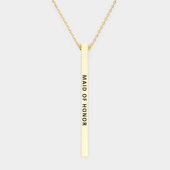 Gold Maid of Honor Metal Bar Pendant Necklace