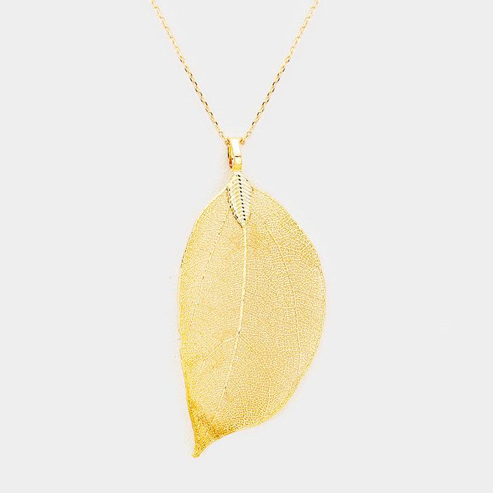 Gold Natural Dipped Filigree Leaf Pendant Necklace