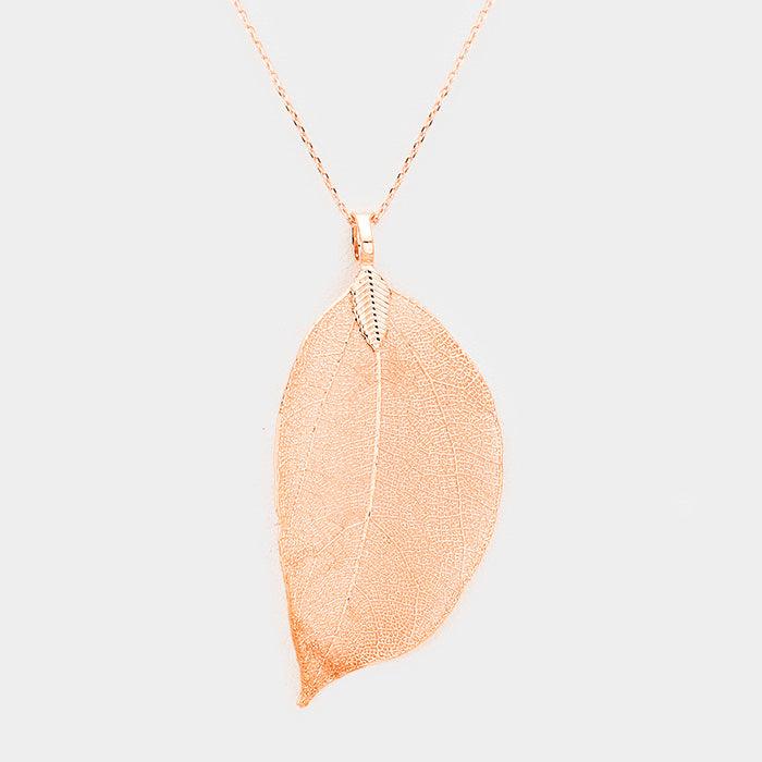 Rose Gold Natural Dipped Filigree Leaf Pendant Necklace