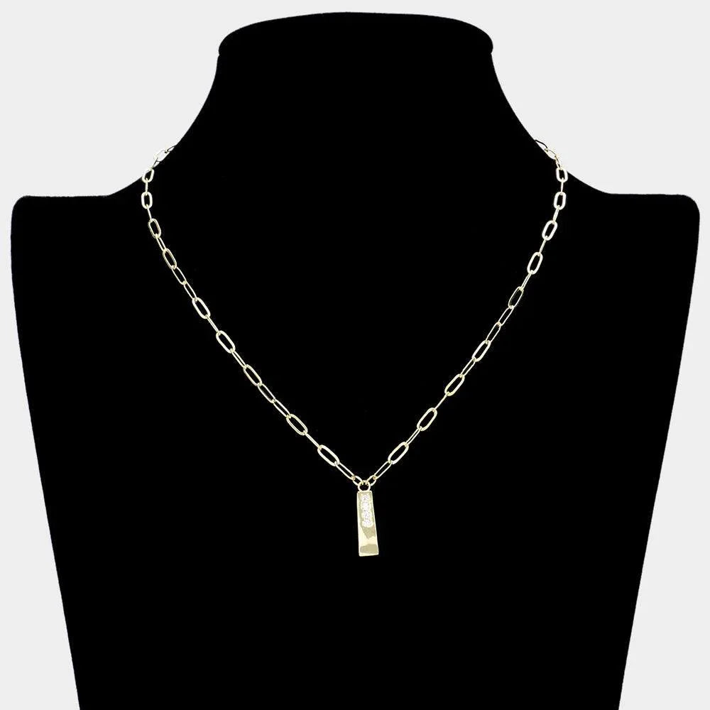Gold Brass Metal Stone Paved Bar Pendant Necklace - Jewelry Store by Erik Rayo