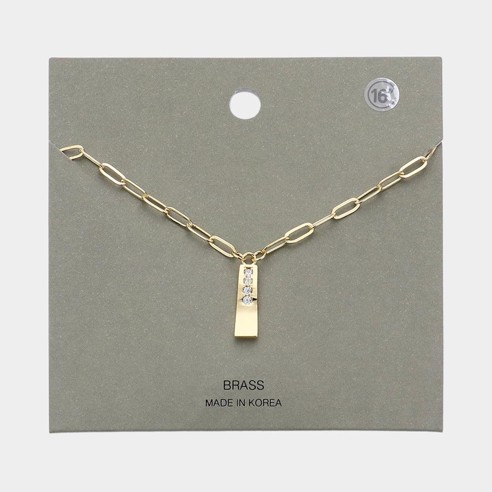 Gold Brass Metal Stone Paved Bar Pendant Necklace - Jewelry Store by Erik Rayo