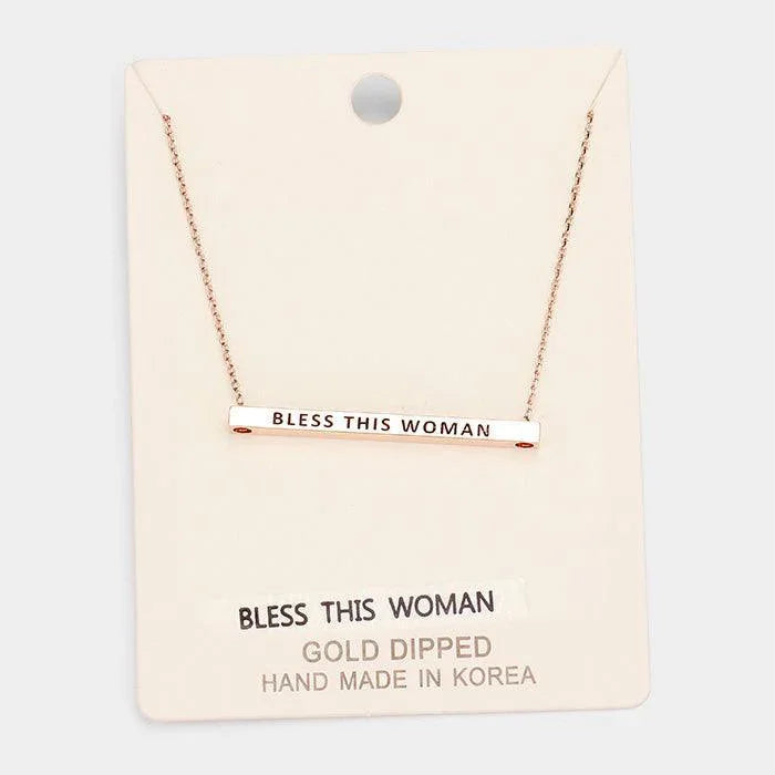 Rose Gold 'Bless This Woman' Horizontal Metal Bar Pendant Necklace - Jewelry Store by Erik Rayo