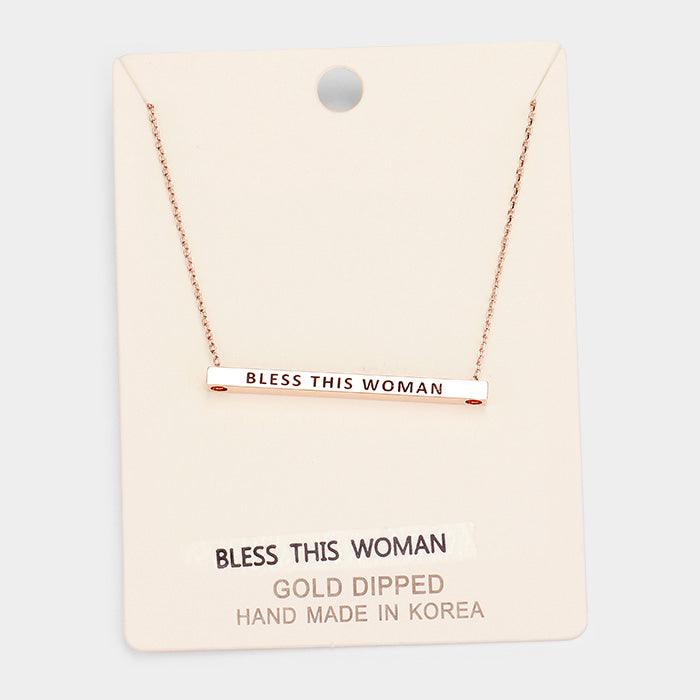 Rose Gold 'Bless This Woman' Horizontal Metal Bar Pendant Necklace