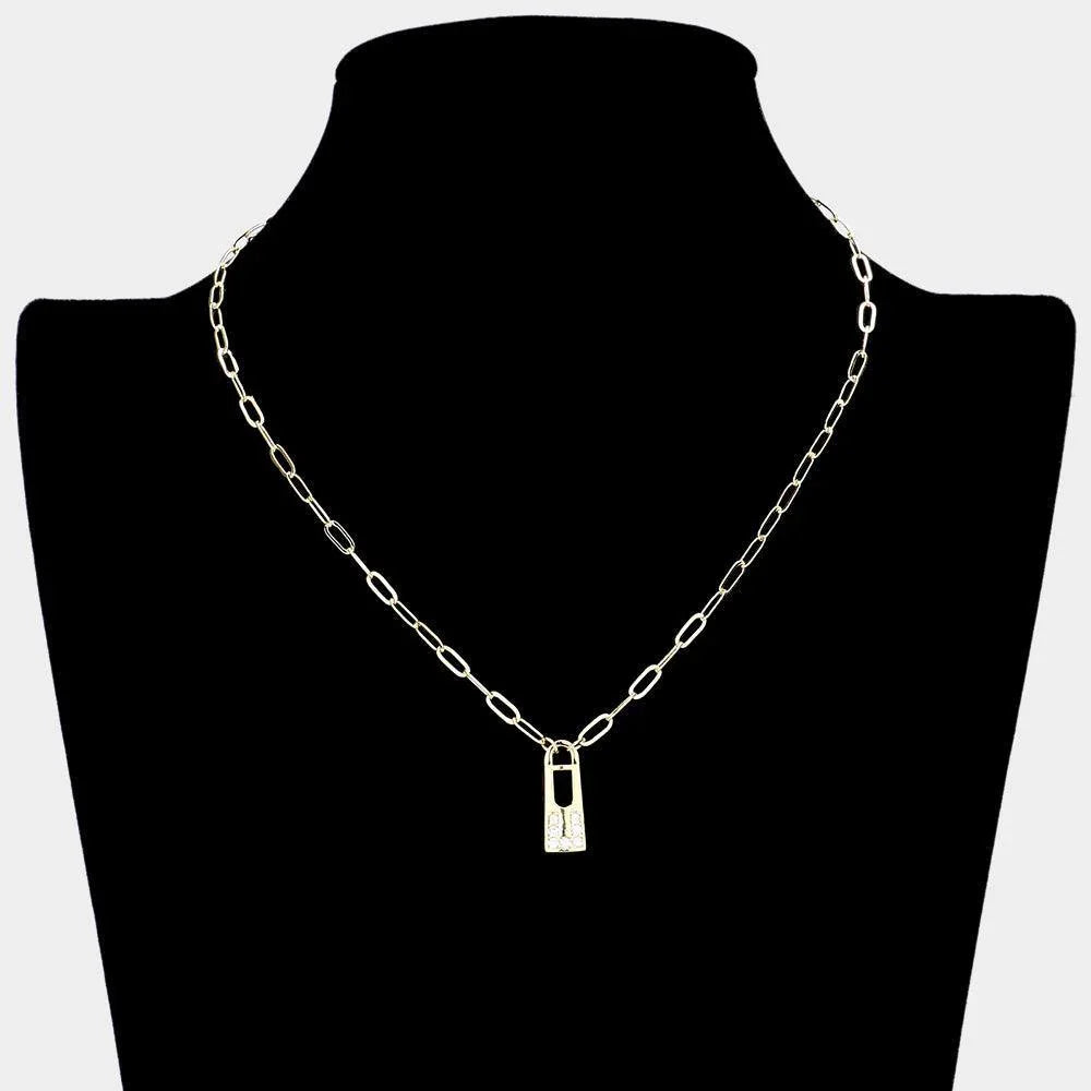 Gold Brass Metal Stone Paved Lock Pendant Necklace - Jewelry Store by Erik Rayo