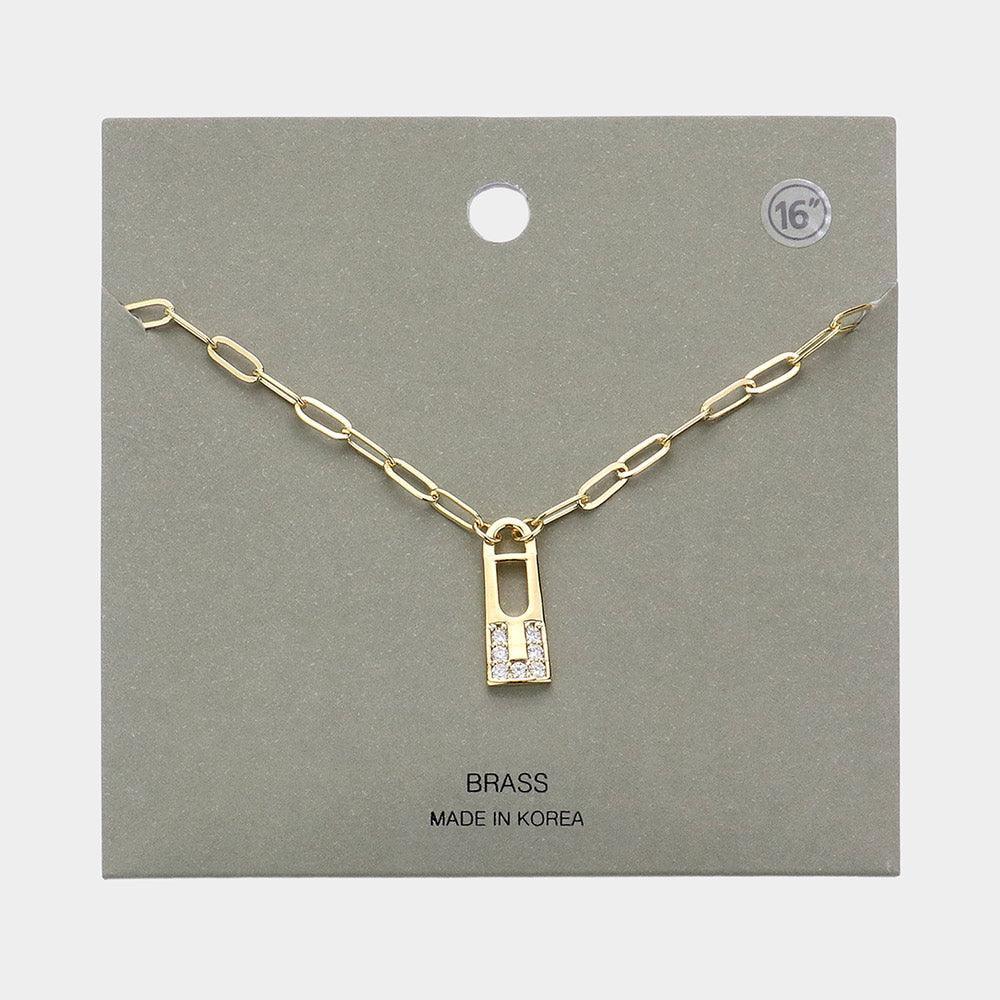 Gold Brass Metal Stone Paved Lock Pendant Necklace - Jewelry Store by Erik Rayo