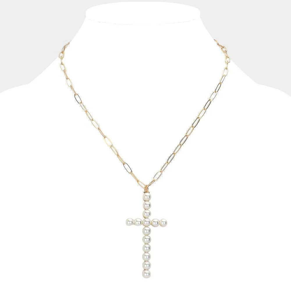 Cream Pearl Embellished Cross Pendant Necklace - Jewelry Store by Erik Rayo