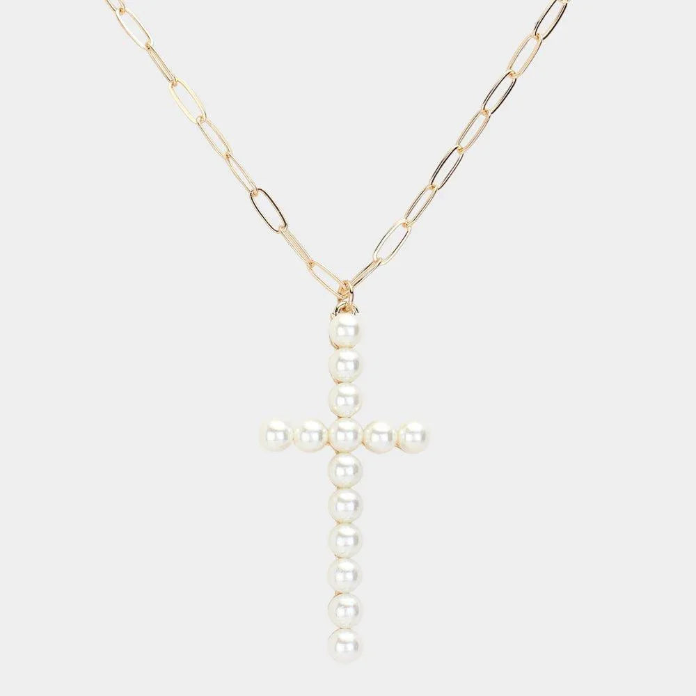 Cream Pearl Embellished Cross Pendant Necklace - Jewelry Store by Erik Rayo