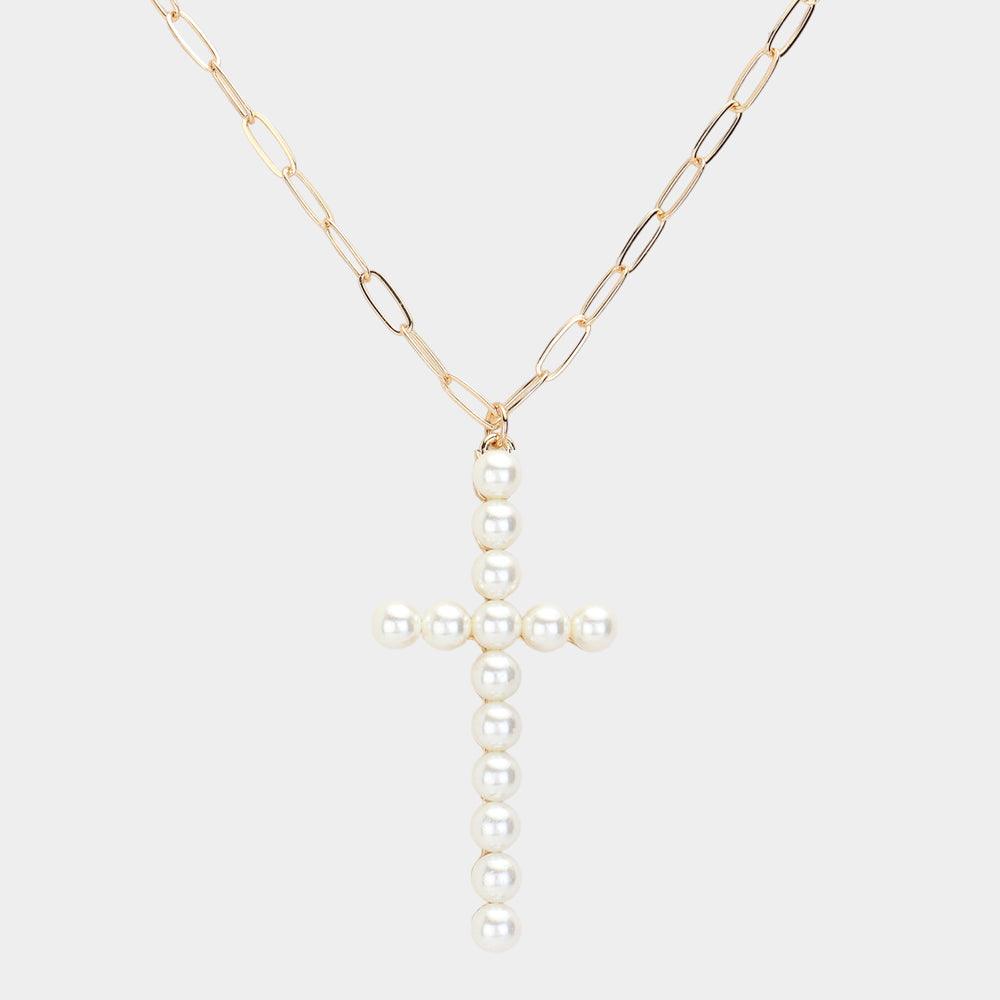 Cream Pearl Embellished Cross Pendant Necklace