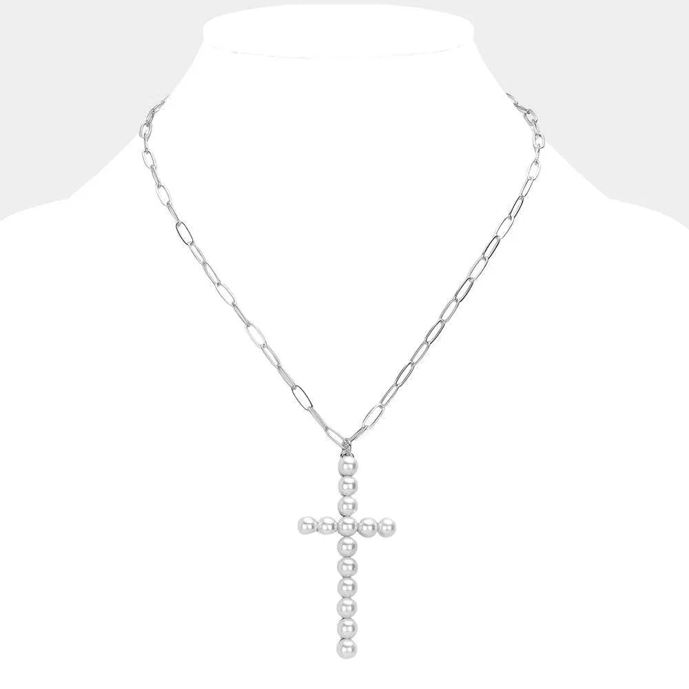 White Pearl Embellished Cross Pendant Necklace - Jewelry Store by Erik Rayo