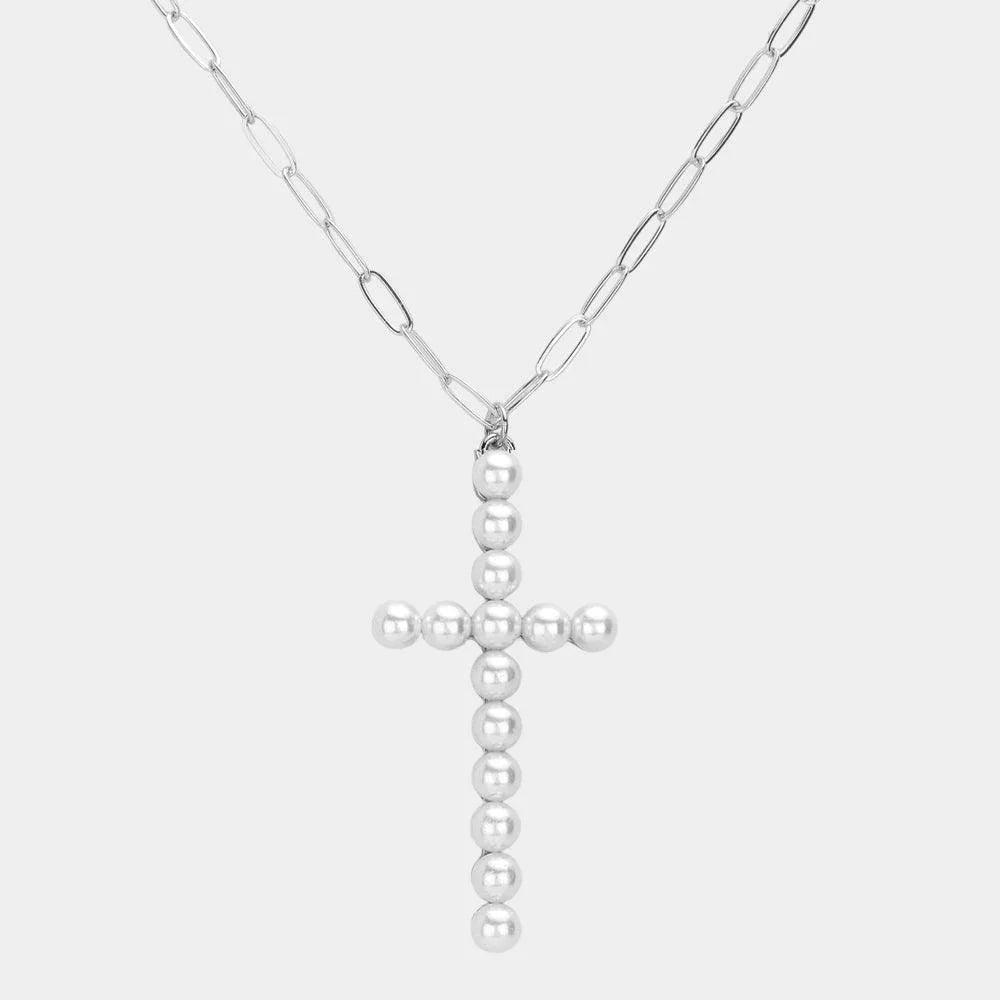 White Pearl Embellished Cross Pendant Necklace - Jewelry Store by Erik Rayo