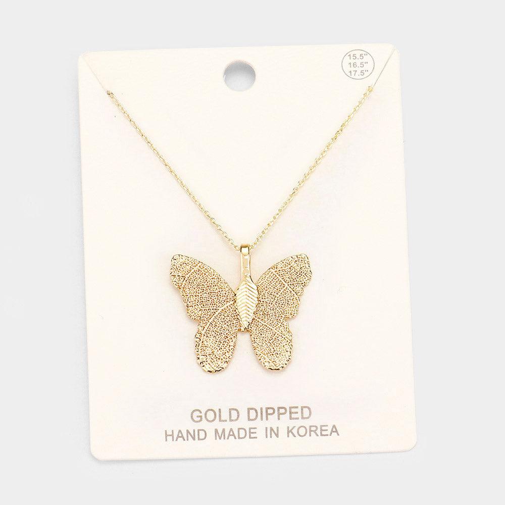 Gold Gold Dipped Textured Butterfly Pendant Necklace