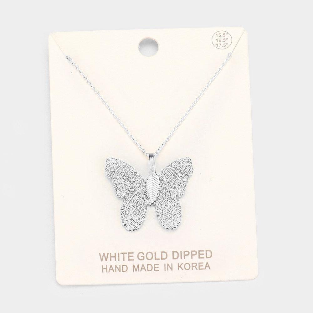 Gold White Gold Dipped Textured Butterfly Pendant Necklace