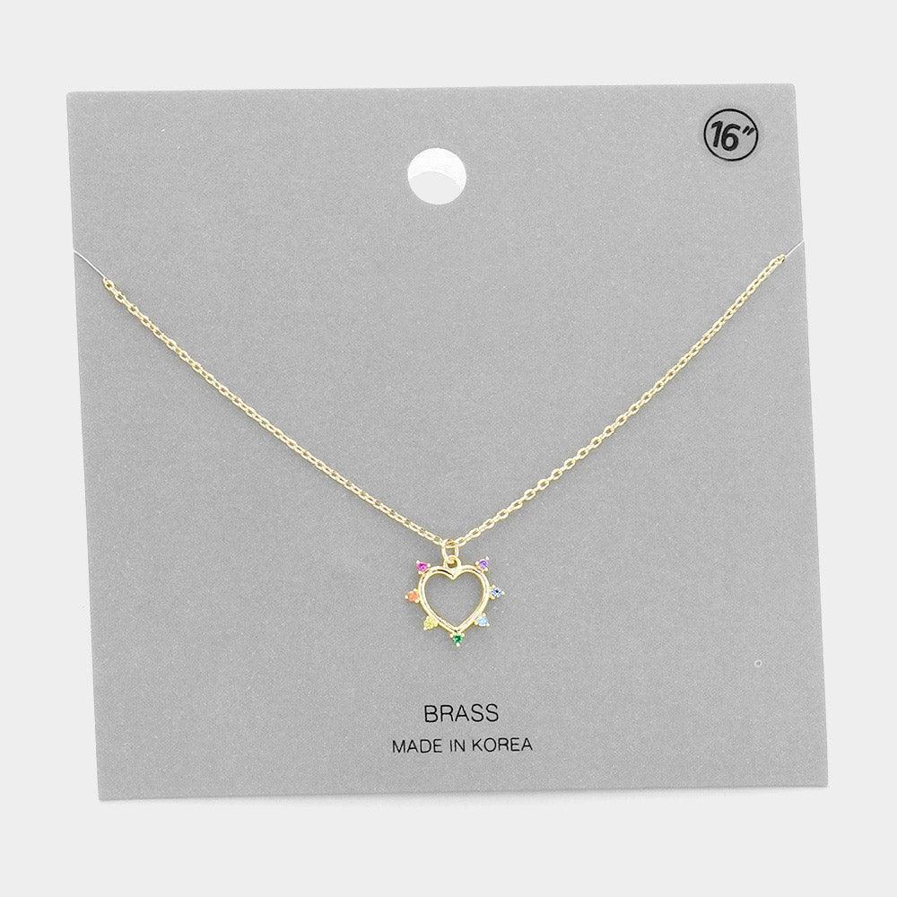 Gold Stone Trim Brass Metal Open Heart Pendant Necklace - Jewelry Store by Erik Rayo