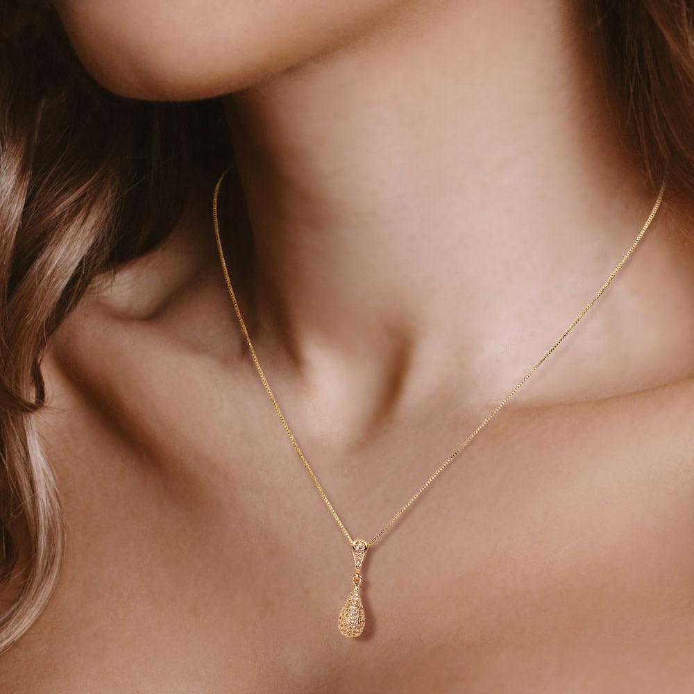 Gold CZ Stone Paved Teardrop Pendant Necklace
