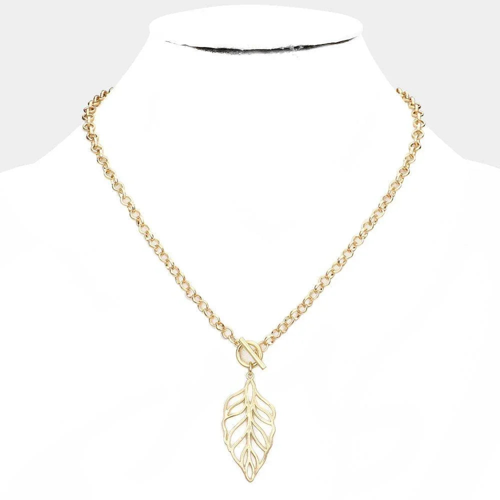 Gold Cut Out Metal Leaf Pendant Toggle Necklace - Jewelry Store by Erik Rayo