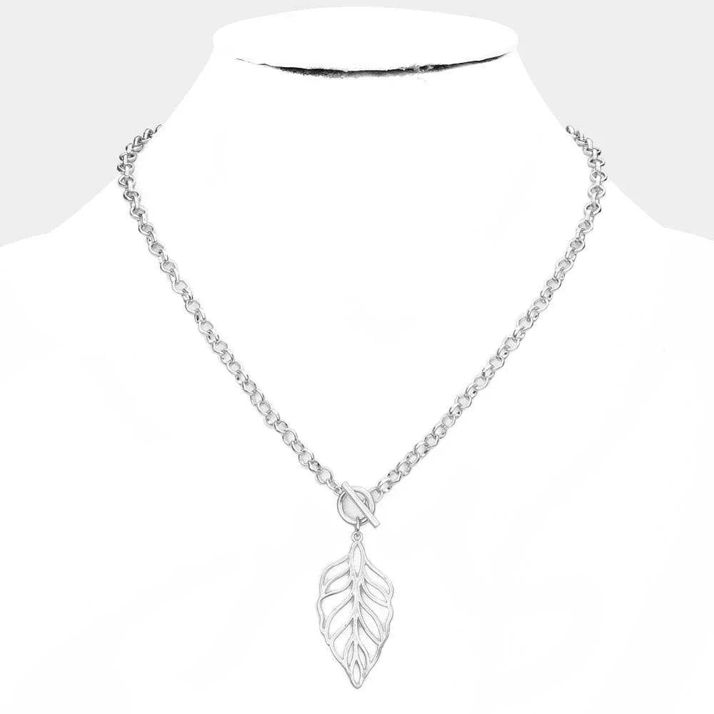 Silver Cut Out Metal Leaf Pendant Toggle Necklace - Jewelry Store by Erik Rayo
