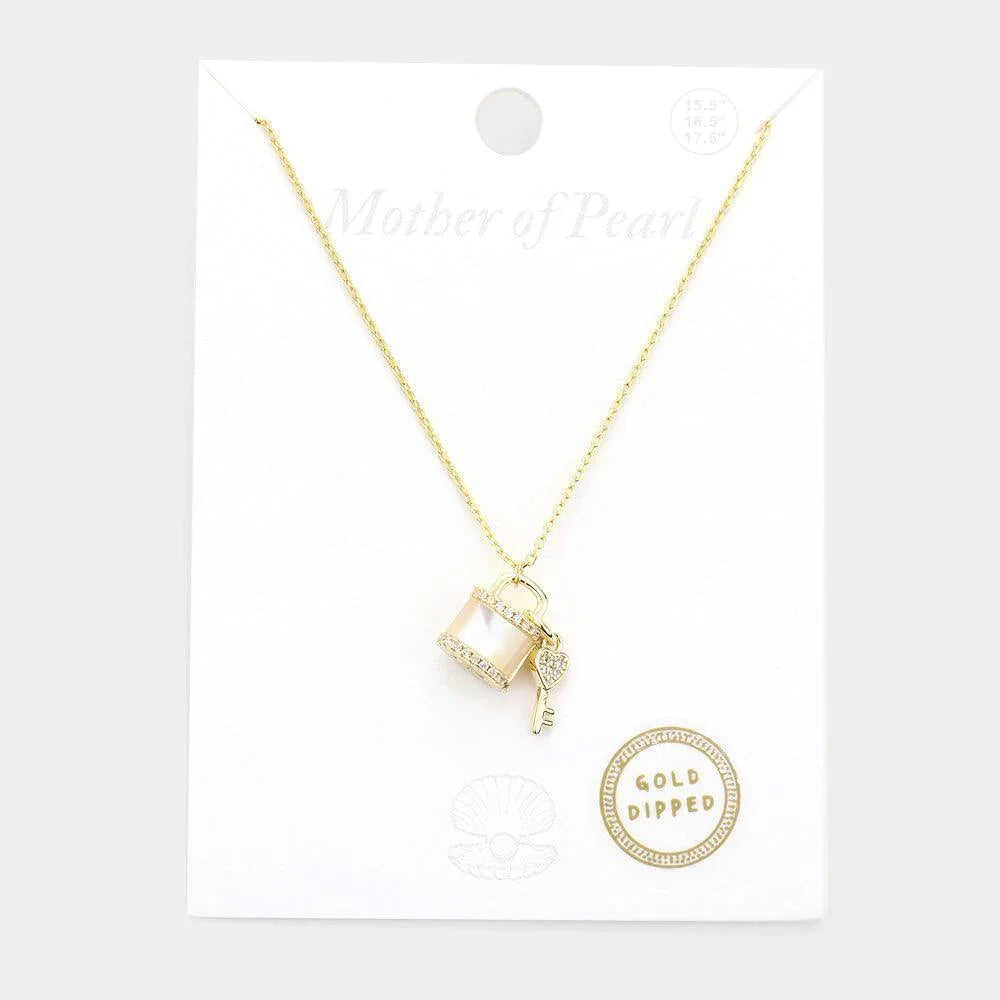 Gold Gold Dipped Mother of Pearl Lock Key Pendant Necklace - Jewelry Store by Erik Rayo
