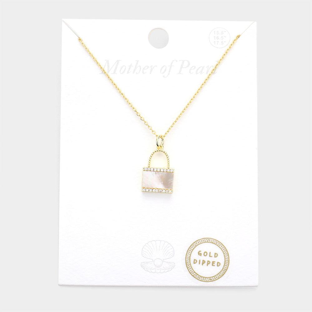 Gold Gold Dipped Mother of Pearl Lock Pendant Necklace