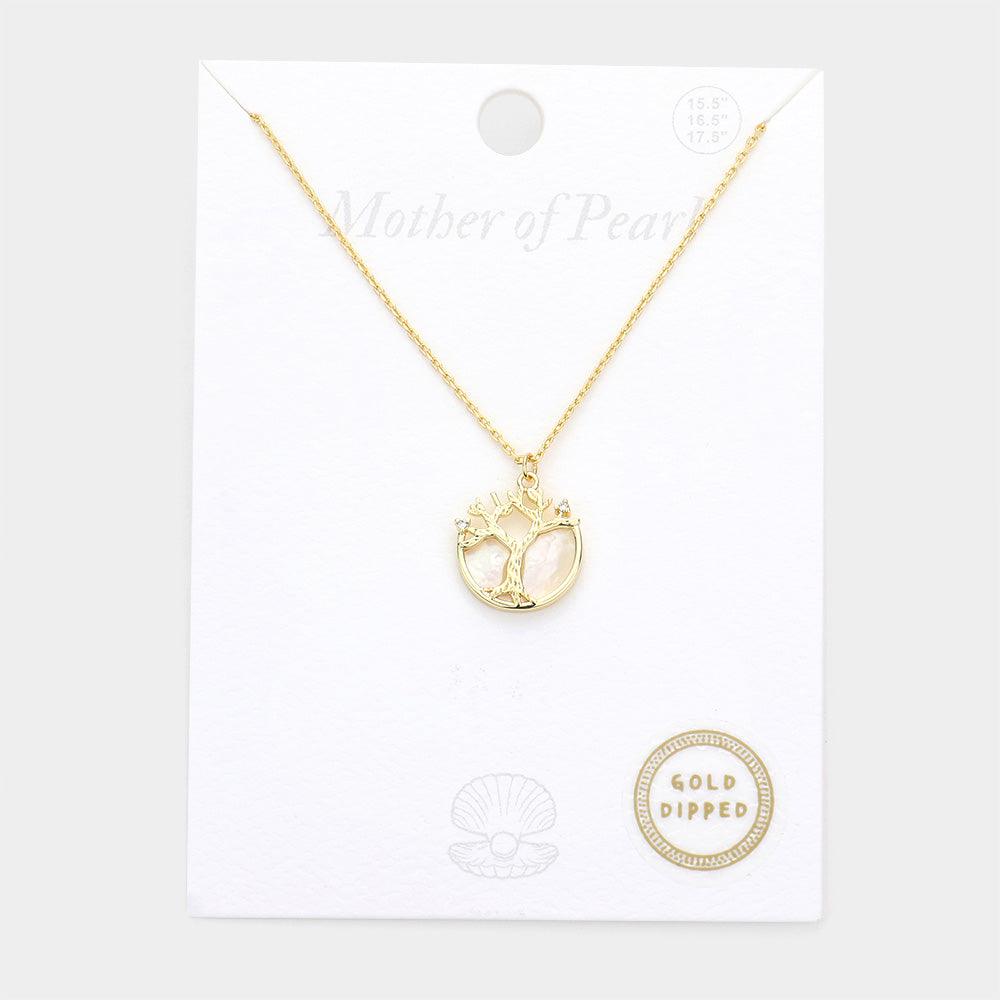 Gold Gold Dipped Mother of Pearl Tree of Life Pendant Necklace