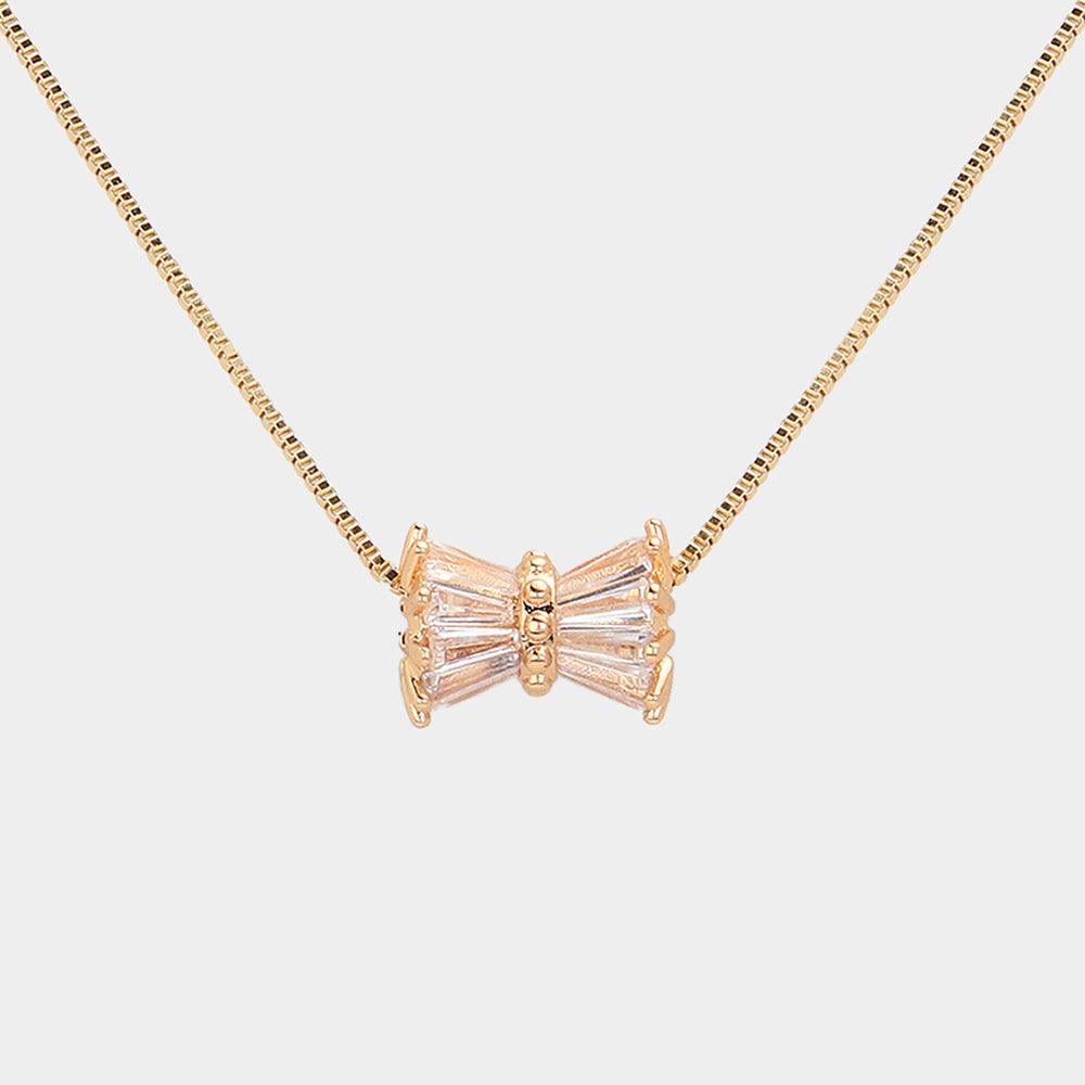 Gold Stone Embellished Ribbon Pendant Necklace